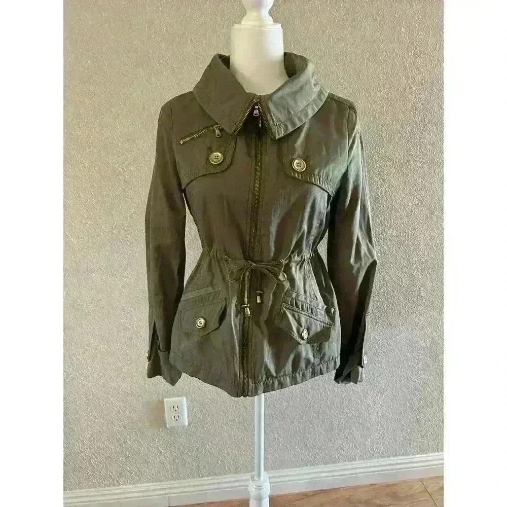 GUESS Women’s Size SM Military Green Trench Rain Coat Jacket Gold Draw String - Picture 2 of 7